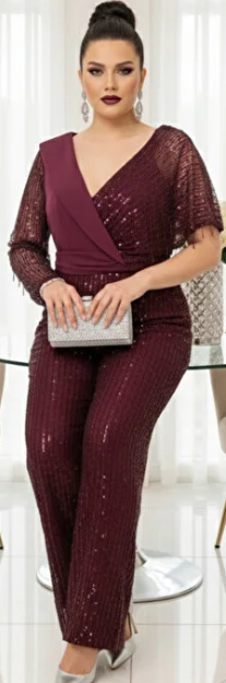 Mürdüm Payetli Püsküllü Abiye Tulum / Tek Kol Şal Yaka Uzun Kol Özel Gün Jumpsuit