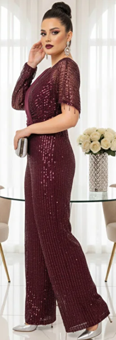 Mürdüm Payetli Püsküllü Abiye Tulum / Tek Kol Şal Yaka Uzun Kol Özel Gün Jumpsuit