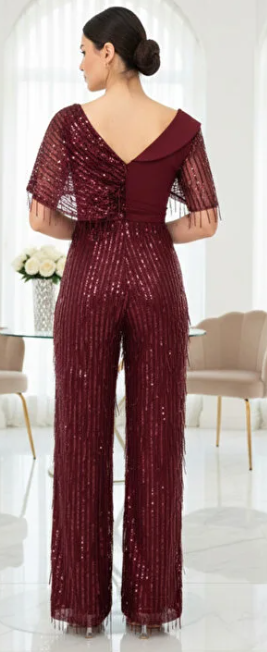 Mürdüm Payetli Püsküllü Abiye Tulum / Tek Kol Şal Yaka Uzun Kol Özel Gün Jumpsuit