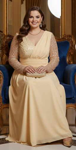 Trend Büyük Beden Uzun Kollu Abiye - Şifon Etek Payetli Nikah Elbisesi-1008