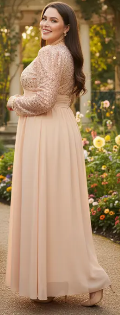 Trend Büyük Beden Uzun Kollu Abiye - Şifon Etek Payetli Nikah Elbisesi-1006