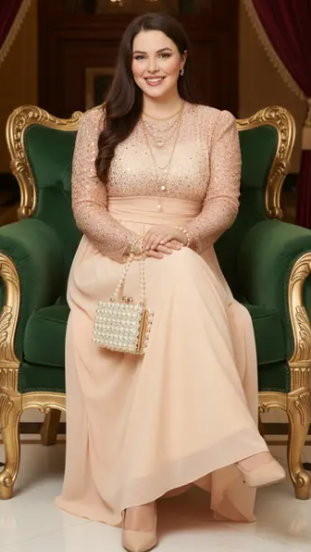 Trend Büyük Beden Uzun Kollu Abiye - Şifon Etek Payetli Nikah Elbisesi-1006