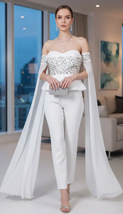 Straplez Peplum Tül Kollu Abiye Tulum-7107
