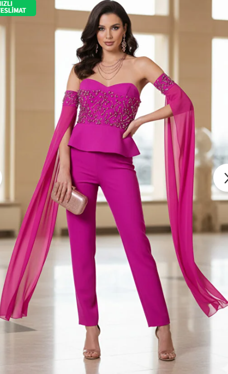 Straplez Peplum Tül Kollu Abiye Tulum-7107